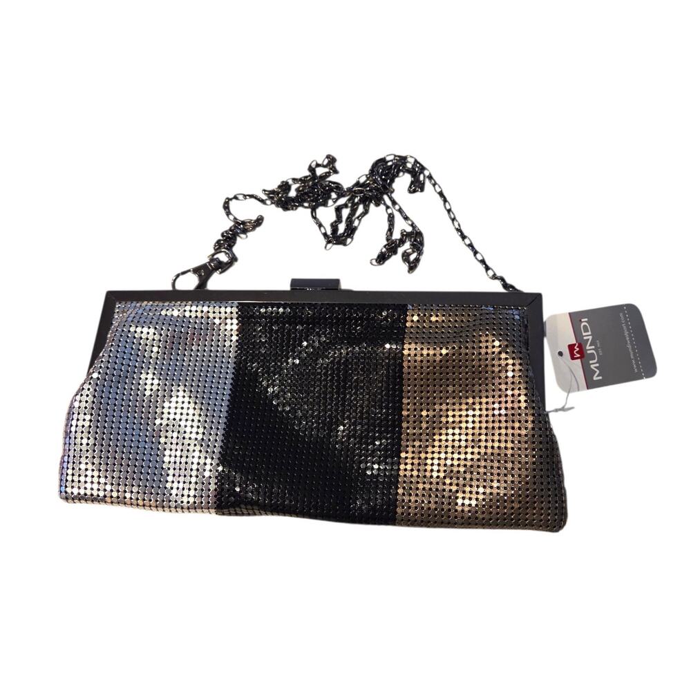 NEW Mundi Tri-Color Metallic Mesh Glamour Clutch Removable Shoulder Chain